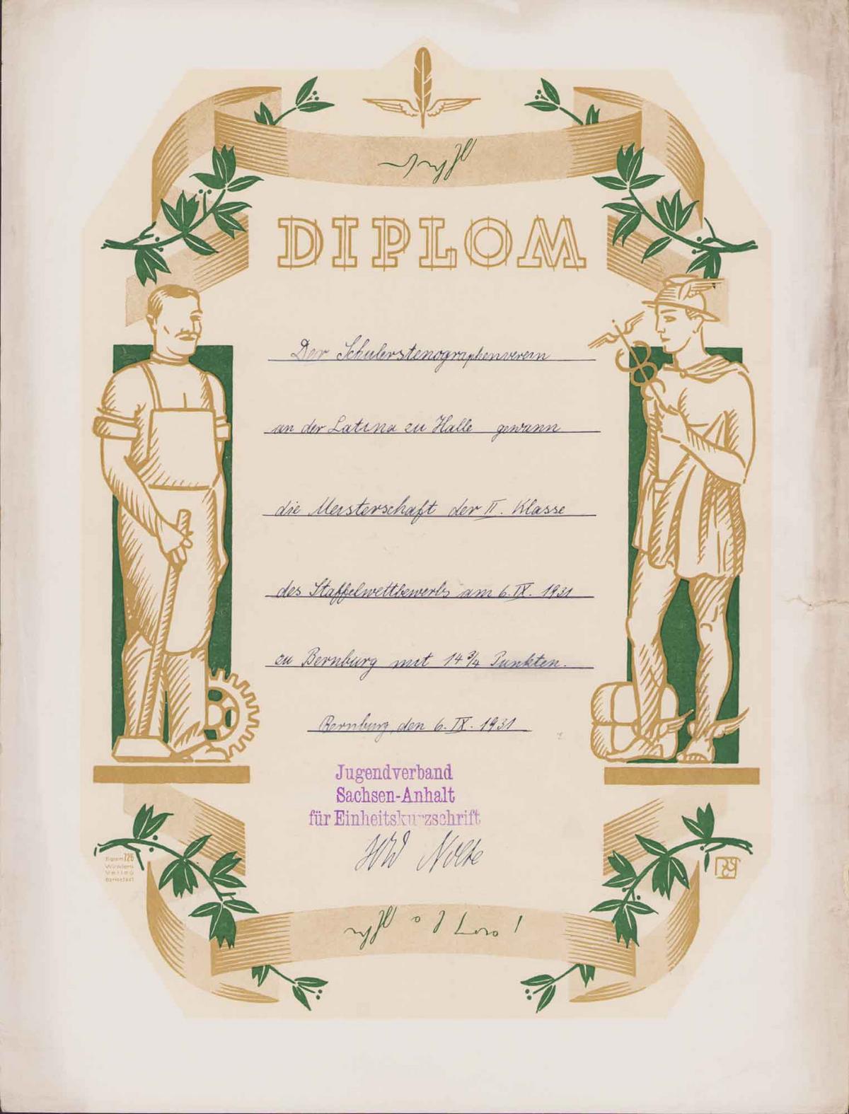 Diplom des Stenographievereins