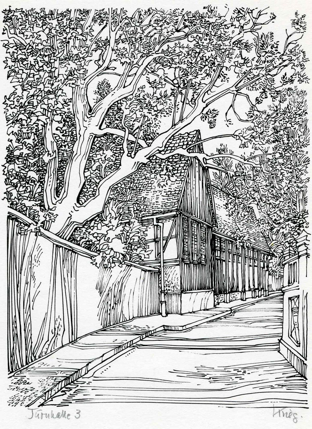 Turnhalle III Zeichnung von Wilhelm Krieg